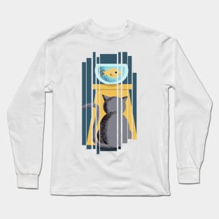 Cat and fish bowl illustration Long Sleeve T-Shirt